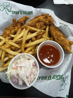Fat chicken fingers, fries with wing sauce