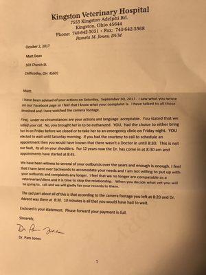This was the letter that I received from this heartless vet