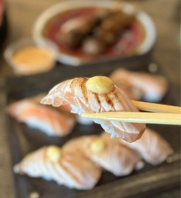Torched Salmon Mayo Nigiri + Tsukune [chicken meatballs) - HH AYCE/AYCD, 4:30 pm-5 pm ($19.95 pp)