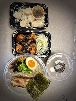 Classic Tonkotsu Ramen, steamed shu mai and takoyaki