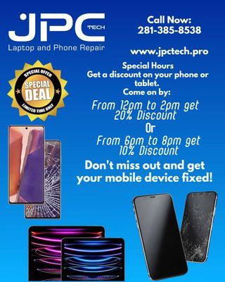 Save Big on our new special discount hours. Come on by between 12pm to 2pm or 6pm to 8pm and get up to 20% discount on your mobile repair.