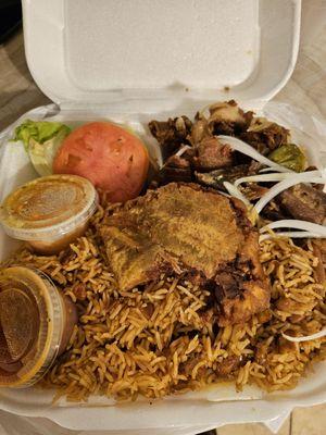 Griot complete - griot, diri pwa rouge, banan frit, salad and pikliz (fried pork, haitian rice with red beans, fried plantain)