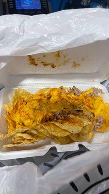 A plate of nachos with hardly any meat
