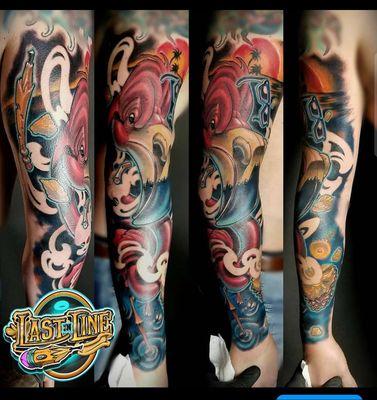 Flamingo sleeve tattoo by Angel Caraballo