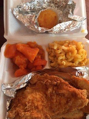 Chicken breast, yams, mac n cheese, and cornbread