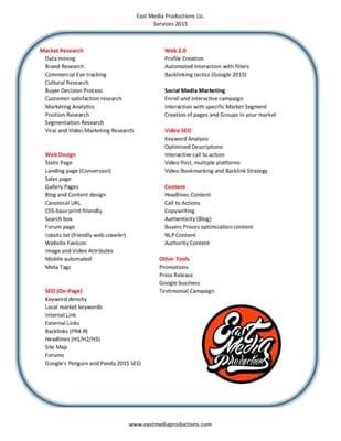 Some of the services that East Media Productions Llc. offer.
We take care of your marketing, you take care of the customers.