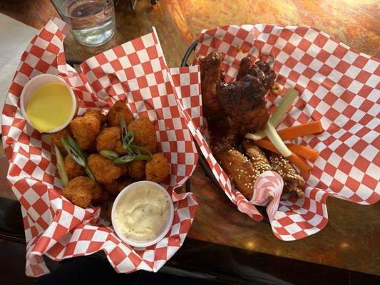 Tempura cauliflower, chicken wings