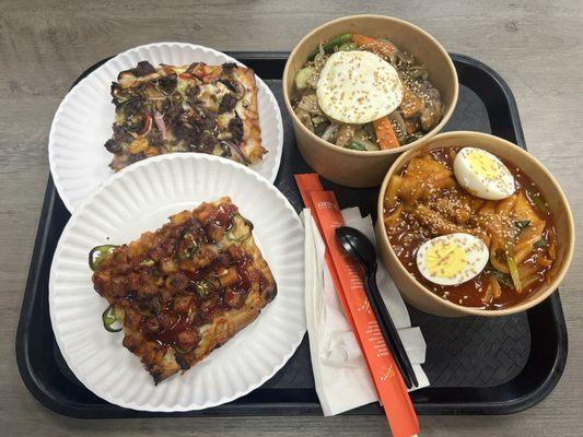 Buldak Spicy Chicken Pizza, Bulgogi Steaks Pizza, Bulgogi Rice Bowl, Tteokbokki