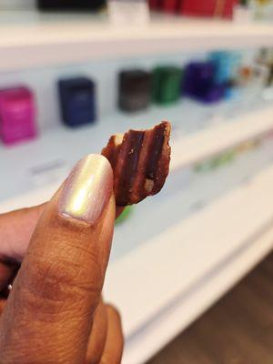 Chocolate covered potato chips (sold in milk and white chocolate).