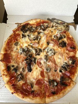 A pizza that has been tipped.