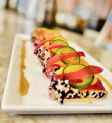 "Sesame Crusted Ahi Tuna Tataki" Jalapeño Orange Pickled Red Onion White Soy Ponzu $24 Fabulous OuiOui :)..