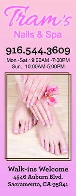 Tram's Nails Spa
4546 Auburn Blvd.
Sacramento, CA 95841
Phone: (916) 544 - 3609
Website: www.tramsnailsspa.com