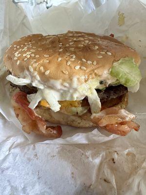 My bacon cheese burger. She ain't pretty but she was delicious.