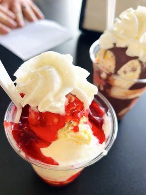 Strawberry cheesecake sundae and TC's split Thom patiently