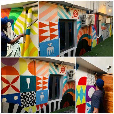 Colorful Africa patterns and symbols Wall Mural with geometric shape and lines.
Acrylics base Paint on wall.
2023.