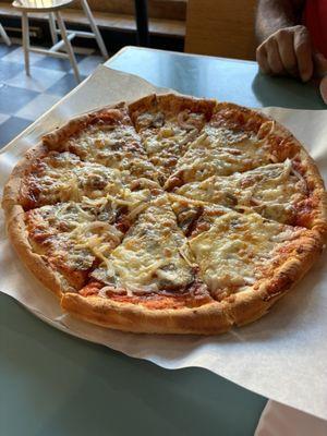 Pepperoni sausage and onion pizza