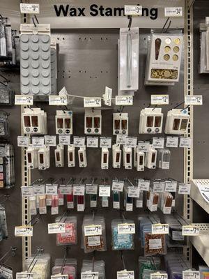 Many choices for wax seals, including the wicked wax sticks and pellet form