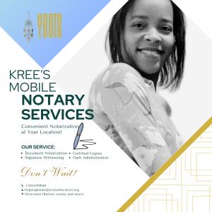 This promotional image highlights Kree's Mobile Notary Services, offering convenient on-the-go notarization. Racine County and more