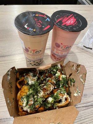Seasoned curly fries, Earl grey milk tea and strawberry blossom