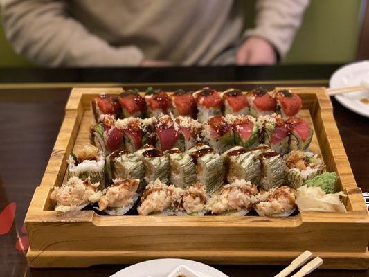 From top to bottom: sushishima roll, Fuji roll, sumo roll, and Phoenix roll.