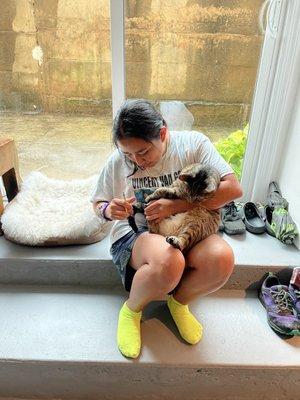 Cristina is clipping Leo's nails. (Senior Kitty, 18 years old)"