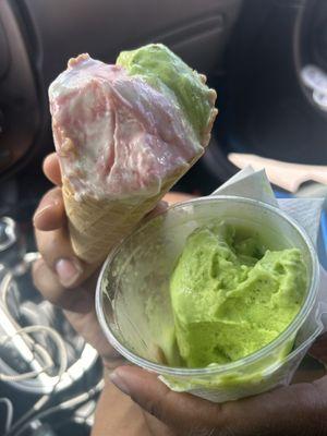 Cream Cheese and pistachio ice cream.