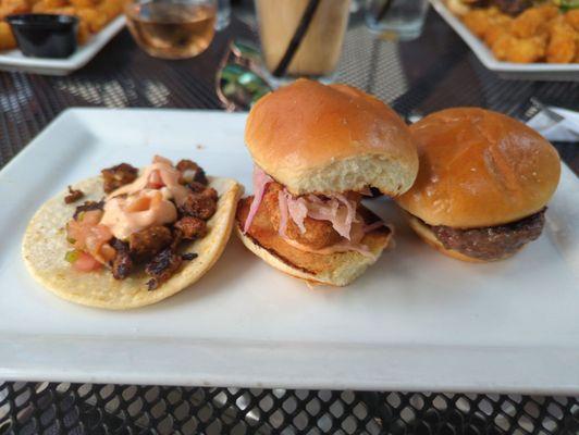 Minis L to R: Cajun steak taco, Sriracha chicken and mini sliders