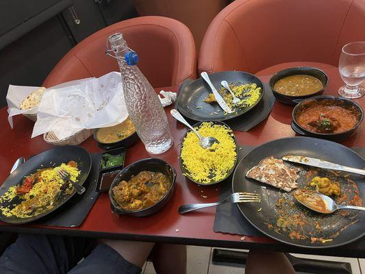 3 curries. Basmati rice and naan