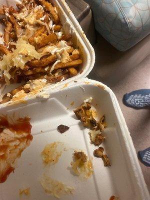 That's the chicken that was in my fries she is a vegetarian so we asked no meat