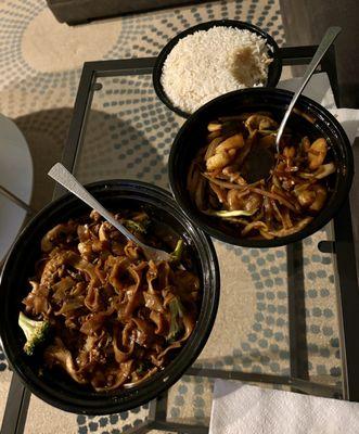 Pad Seeiew with chicken and Pad Cashew with shrimp