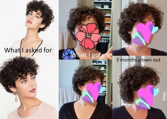 Eunice gave me exactly what I asked for: a long curly pixie cut. And it looked great for 3 months.