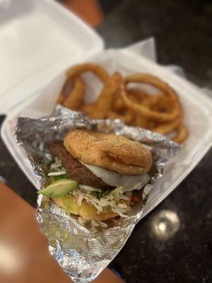 Vegan Cali Burger + Provolone + Onion Rings, my fav!