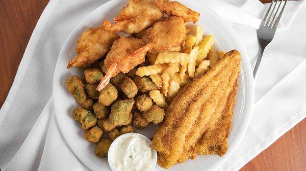 Fried Catfish & Shrimp Basket with an Add-On of Okra