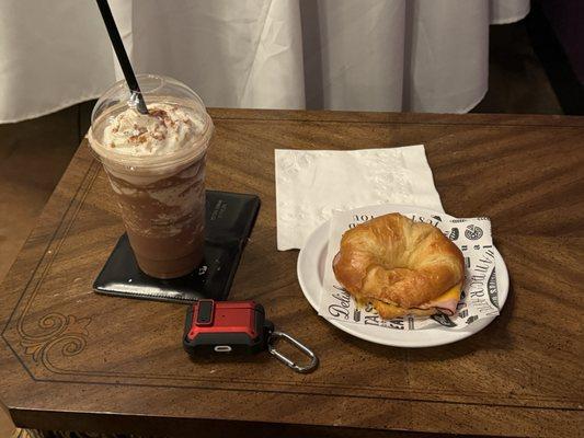 Mayan Mocha Frappe and ham and cheese croissant.