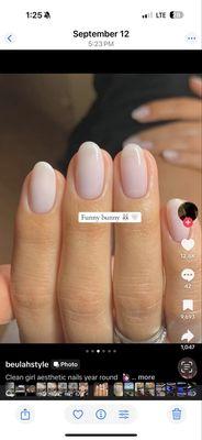 This was an example of how I wanted them done. This light pink look with the even filed oval nails.