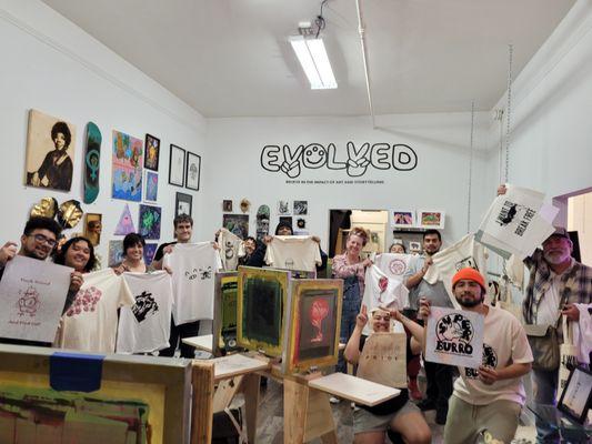 PUFF and Create class - silkscreening students showing off creations