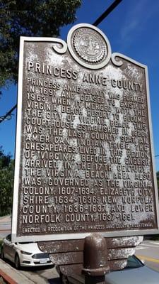 Plaque near the statue explaining the origins of Princess Anne County and Virginia Beach