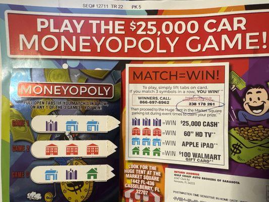 Marketing flyer from Gulf Coast Auto Brokers with an falsely winning combination for an HD TV. This card actually won a single lotto ticket