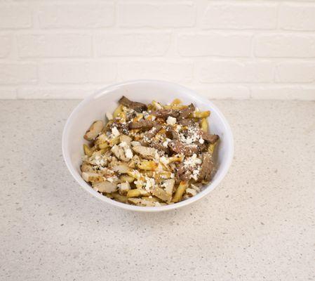 Melted Bleu Cheese Crumbles, Buffalo Sauce & Feta Cheese w/ Choice of Tri-Tip Steak, Chicken, or Tri-Tip Steak & Chicken