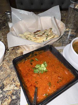 Specially made off the menu Lamb Curry, and Hot & Sour Soup with Garlic Naan.