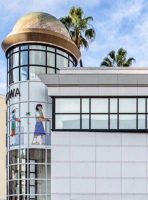The dome on top of the Rimowa store building is by artist Peter Veres: 14-ft. diameter made of 69,000 Venetian glass tiles.