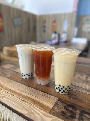 Jasmine milk tea, (unsure of middle), mango milk tea