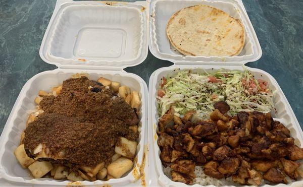 Garbage plate (burger, dog, double home fries, meat sauce). Chicken with rice, salad, pita.