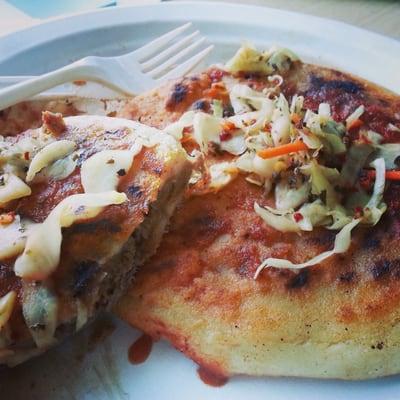 One pork & cheese and one beef & cheese pupusa (plus awesone toppings). So hearty and made right in front of you!
