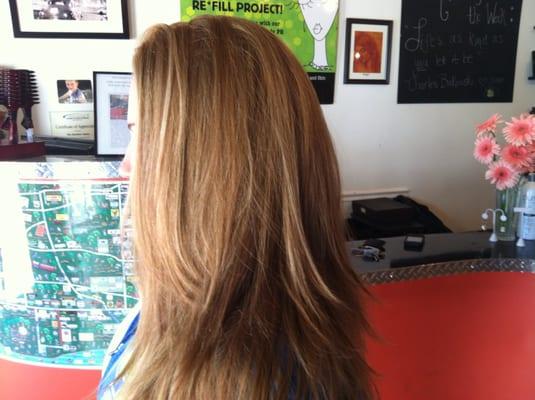 Medium brown to sun kissed blonde/brown with highlights! Color by Rebecca.