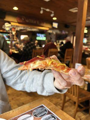 Pastrami, pickle and mustard bar pizza