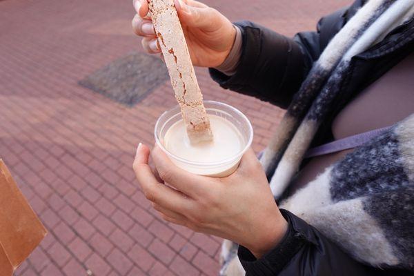 Vanilla bean biscotti and oat milk draft latte
