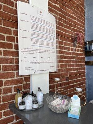 Skin care products and Facial menu