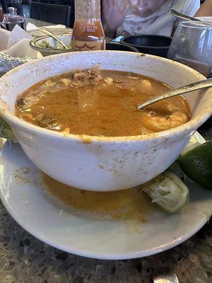 The 7 Mares Soup mostly Vegetables. Overfilled and bad presentation. It appeared not to be fresh maybe 3 day old. Old Shrimp. Not good