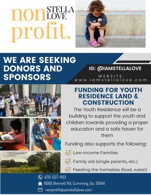 We are seeking donors for our youth residence land and construction.